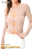 Yipinpay Women Cutout Knitted Sweaters Fall Winter Casual Solid Color Long Sleeve Round Neck Hollowed Cropped Jumpers Tops