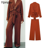 Yipinpay Women Bow Blouse Pants Sets 2023 Casual Solid Long Sleeve Loose V-neck Shirt Tops Elastic Waist Wide Leg Pants Outwear
