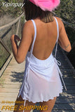 Yipinpay Sexy Backless Suspender Mini Beach Dress Summer Women Swimsuit Cover-ups See-through Sleeveless Halter Tie Up Dresses