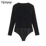 Yipinpay Woman Fashion Beaded Velvet Bodysuit Jumpsuit 2023 Casual Body Long Sleeved Tops Clothes Female Suit