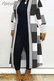 Yipinpay New Fashion 2023 Geometric Print Long Sleeve Open Front Longline Coat Female Clothing Outfits for Women