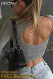 yipinpay T-Shirts Long Sleeve Top Women Gray Tees Solid Basic Black T-Shirts O Neck Crop Top Skinny Streetwear Y2K Clothes