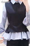 Yipinpay Patchwork Shirt Womens Tops Office Blouse Fake Collar ladies Blue Stripe Slim Casual Autumn Warm Shirts Long Sleeve 2PC