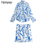 Yipinpay New Summer Elegant 2 Piece Printed Skirt Set Vintage Soft Turn Down Collar Long Sleeve Female Casual Skirt Lady Suit
