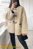 Yipinpay TRAF Faux Fur Coat for Women 2023 Winter O-Neck Chic Single-breasted Warm Jacket Coat Ladies Casual Loose New In Outerwear