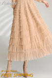 Yipinpay Solid Color Cake Long Skirt Mesh Puffy Women Sexy Korean Floor Length Party Skirts Loose Elastic Female Ball Gown Summer