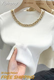 Yipinpay for Women High End Short Sleeve Knitted T-Shirt 2023 Summer French Office Lady Style Tops Femme Chic Chain Neck Tees
