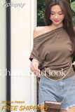 Yipinpay Shirts for Women White Diagonal Collar Crop Tops Off Shoulder Short Sleeve Tshirt Lady Korean Wild OL Pleated T-shirts