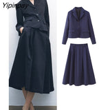 Yipinpay Fashion Women Blazer Skirts Sets 2023 Female Office Lady Elegant Single Breasted Jackets Mid-Calf A-Line Solid Skirts