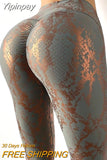 Yipinpay Women Casual Fashion 2023 Casual Snakeskin Print Bronzing High Waist Butt Lifting Tummy Control Yoga Pants Sexy Pants Trouser 0406