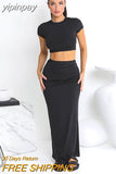 yipinpay Basic Women Casual Summer Matching Set 2023 Short Sleeve Slim T Shirt Tops And Long Bodycon Sexy Club Skirt Two Piece Set