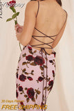 Yipinpay Roses Printed Spaghetti Strap Dress Women Elegant Backless Lace Up Wrap Dresses Party Banquet Off Shoulder Vestidos