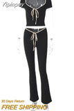 Yipinpay MO Female Summer Square Neck Bandage Crop Top And Flare Pants Skinny Set Women High Waist Pants Outfits Two Piece Sets