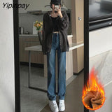 Yipinpay Stretch Straight Mom Jeans High Waist Denim Pants Ladies Casual Vintage Vaqueros Mujer Winter Thicken Velvet