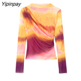 Yipinpay Women Tie Dye Pleated Tulle Blouses Tops 2023 Summer Vintage Long Sleeve Transparent Thin T-Shirts O-neck Casual Tops
