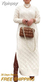 Yipinpay Thicken Turtleneck Sweater Maxi Dress Women Lace Up Knitted Long Dress Female Knitwear Soft Vestidos 2023 High Quality
