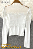 Yipinpay French Vintage T-shirt Women Square Collar Sexy Mesh Patchwork Cropped Tops Chic Slim Fit Long Sleeve T Shirts Female