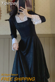 Yipinpay Vintage Elegant Dress Women Party Long Sleeve Lace Black Y2k Midi Dress 2023 Winter Face Two Piece Dress Korean Fashion