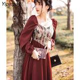 Yipinpay Autumn Women Dress Vintage Party Dress Patchwork Long Red Dresses French Style Retro Female Bing 2023 HOT