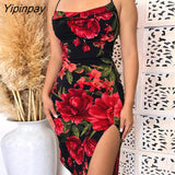 Yipinpay Women Chic Spaghetti Strap All Over Print Floral Swing Collar Silt Party Mini Dress
