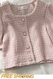 Yipinpay Round Short Sleeve Tweed Top Women Single-breasted Cardigan Jacket Pink Plaid Shirts Crop Button Blusas Mujer Camisas