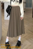 Yipinpay Long Pleated Skirt Women Vintage Korean Fashion Solid High Waist A-line Midi Skirt School Girl Elegant Casual Autumn