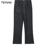 Yipinpay 2023 Autumn Winter Ladies Faux Leather Pants High Waist Pockets Pants Waterproof Fitness Zipper Flare Trousers Three Colors