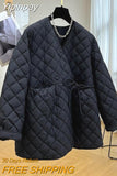 Yipinpay Oversize Belt Waist Quilted Doll V Neck Jacket Women Winter Puffer Jacket Argyle Plaid Coat Retro Parka Mujer