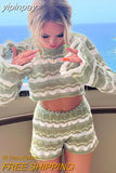 yipinpay Shorts Women Two Piece Set Tracksuit Casual Y2K Striped Knitted Summer T Shirt Tops And Shorts Mini Outfits Set 2023