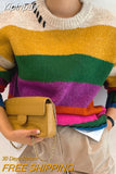 Yipinpay Vintage Contrast Oversized Sueter Fairy Grunge Pullover O Neck Rainbow Sweaters Winter Striped Knitting Sweater Women