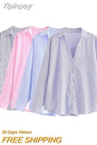 Yipinpay TRAF Summer Women's Shirts 2023 Striped Vintage Shirts and Blouses Female Chic Long Sleeve Blouses Tops Ladies Shirt