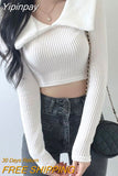 Yipinpay Sexy Crop Tops High Waist Slim Long Sleeve Pink Tshirt Women Wild Knitted White Tee Korean Striped Blouse Shirt T-shirts