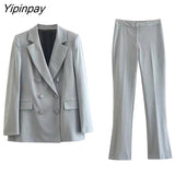 Yipinpay 2023 Spring Autumn Ladies Gray Blazer Suit Office Outfits Solid Double Breasted Jacket+Zipper Split Basic Long Pant Outwear