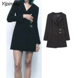 Yipinpay Elegant Women Black Blazer Dresses 2023 Autumn Fashion Office Outfits Mini Dress Turn Down Collar Long Sleeve Dress
