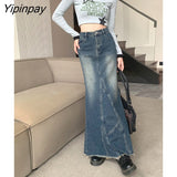 Yipinpay Vintage Blue High Waist Denim Split Skirt Women's Long Fishtail Skirt