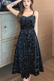 Yipinpay Women dress Korean style Silk Velvet Off shoulder A-line star Black Party Dress Elegant Female Spaghetti Strap Dresses