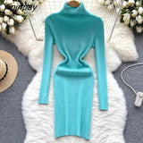 Yipinpay Full Sleeve Slim Knitted Pencil Dress Female Casual Pullover Turtleneck Sweater Bodycon Dress Ladies Autumn Winter