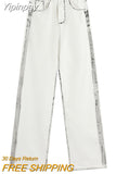 Yipinpay Waist Baggy Jeans for Women 2023 Fashion Straight Wide Leg Pants Black Side White Denim Trousers Y2k Streetwear Female