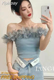 Yipinpay Camis Sexy Slim Blusas Mujer Blue Strapless Shirt Chemise Femme Tops Tees Slash Feather Blouses Korean Shirts for Women