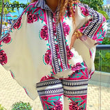 Yipinpay Women Casual Chic Turn Down Collar Batwing Sleeves All Over Print Button Asymmetrica Loose Pants Sets