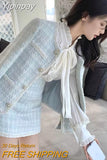 Yipinpay Fragrant Blue Tweed Coat Bow Chiffon Shirts Lace Up Tops Short Plaid Skirts Faldas Elegant Office Lady Skirts Sets 2023