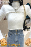 Yipinpay High Collar Sweater Women Slim Sexy Hollow Jumper Pullover Tops Crop Pink Sweaters Fur Button Knit Sueter Shirt