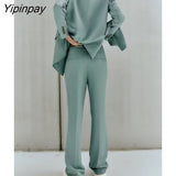 Yipinpay 2023 Autumn Winter Ladies Blazer Pant Sets Office Outfits Long Sleeve Double Breasted Jacket Zipper Trouser Notched Outwear