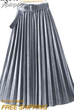 yipinpay Autumn Winter Skirt Women With Belt Long Metallic Silver Maxi Pleated Skirt Midi High Waist Fashion Vintage Saia Party