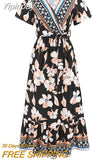 Yipinpay Summer New Large Size Retro Exotic Printed Long Dress Bohemian Seaside Vacation Beach Dress Women