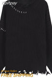 Yipinpay Femme Lazy Loose Irregular Tassels Black Ripped Sweater Women Jumpers Vintage Casual O Neck Long Sleeve Hole Knit Top