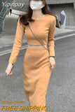 Yipinpay Autumn 2023 New Women's Skirt Suit Vintage Sexy Elegant Fashion Short Long-sleeved T-shirt Top and Midi Skirt 2-piece Set