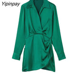 Yipinpay Elegant Women Solid Mini Dresses 2023 Spring Autumn Fashion Turn Down Collar Causal Dress A-line Long Sleeve Vestidos