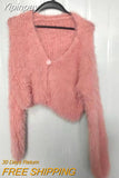 Yipinpay Autumn Sweet Sexy V Neck Mohair Pink Knitted Sweater Crop Long Sleeve Cardigan Temperament Elegant All-match Solid