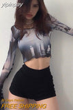 yipinpay T-Shirt Mesh Top Sexy Print Crop Top Party Club Outfits Transparent Tops Streetwear Clothes Long Sleeve Tee Women